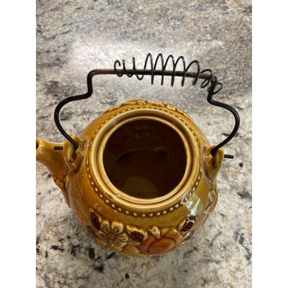 Vintage Japanese Ceramic Teapot Brown Glaze Floral Peach Design Wire Handle - Picture 9 of 11